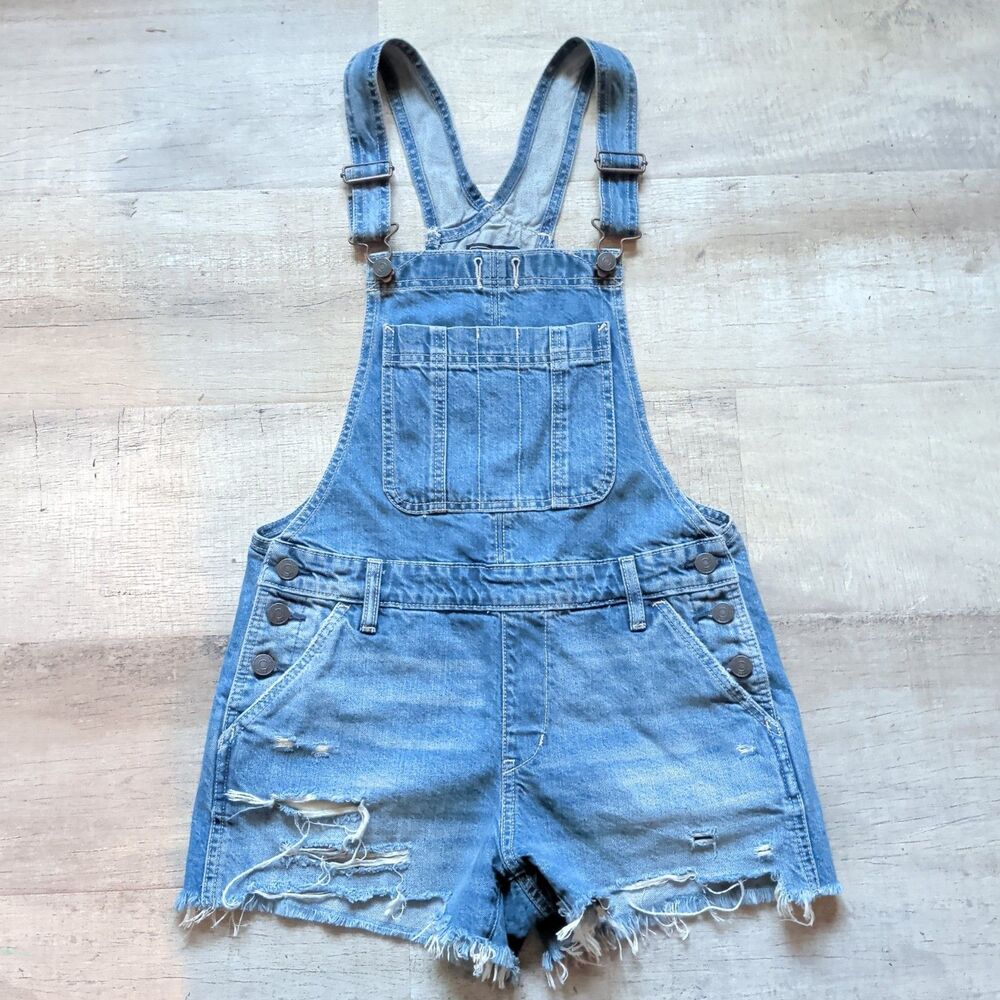 Abercrombie & Fitch Women's Distressed Denim Jean Shorts Overalls Raw Hem Sz XS